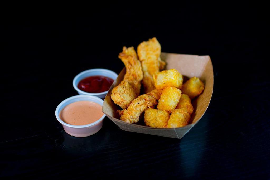 Kid'S Chicken Tenders · crisp tenders and tater tots served with ketchup and velvet sauce (Optimist Hall doesn’t come with tots)