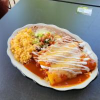 Enchiladas Supremas · One ground beef, one chicken and one Mexi-bean enchilada, red enchilada chili sauce, shredde...