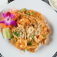 Pad Thai · Stir-fried rice noodles with bean sprouts, green onion, egg, and peanut.