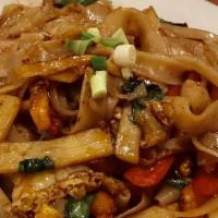 Drunken Noodles (Pad Kee Mao) · Sautéed wide rice noodle with egg, bamboo shoot, bell pepper, onion, carrot and basil.