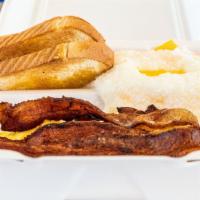 Bacon · Served with three strips of bacon, 2 eggs, grits, and toast. No substitutions permitted.