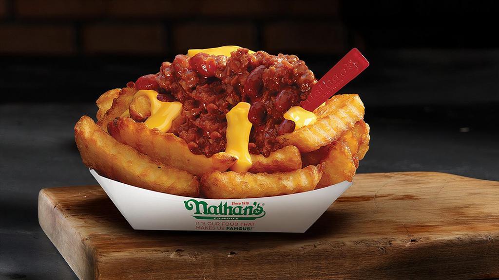 Chili Cheese Fries · Nathan's famous crinkle cut fries topped with our delicious chili and cheddar cheese.