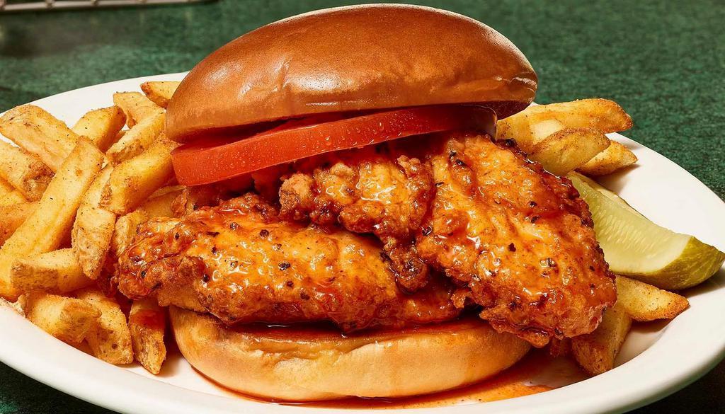 Spicy Honey Chicken Sandwich · Buttermilk-marinated chicken dipped in our signature spicy honey sauce, topped with tomato.