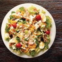 The Big Chef Salad (910 Cal) · Nitrite-free ham, roasted turkey breast, Asiago, cheddar, grape tomatoes, kalamata olives, h...