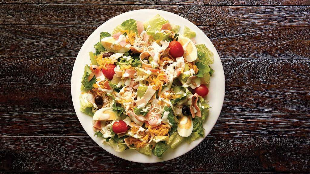 The Big Chef Salad - Original · Nitrite-free ham, roasted turkey breast, Asiago, cheddar, grape tomatoes, country olive blend, hard-boiled egg, mixed salad greens, served with ranch dressing.