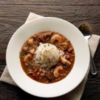Bowl Spicy Seafood Gumbo  · Spice up your meal! Starting with a traditional roux, fresh fish, wild Gulf shrimp, real okr...