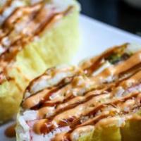 Lobster Crab Roll · Lobster tempura, cream cheese, crab meat, avocado, tempura flake in spicy mayo wrapped with ...