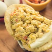 Perico & De Mano Cheese  · Arepa filled with 3 scrambled eggs with veggies (cilantro, onions and tomatoes) and a portio...