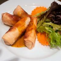 Vietnamese Spring Roll (2Pcs) · Fried spring rolls stuffed with chicken and fresh vegetables. Served with Vietnamese style d...