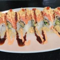 I Love Salmon Roll · Shrimp tempura, Avocado w/ Salmon, Crunch, Masago, Scallion, Eel sauce