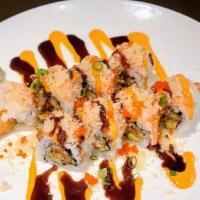 Super Crunch Roll · Shrimp tempura, avocado inside, Shrimp, temp flake, masago on top with/ eel sauce