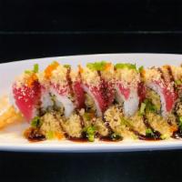 I Love Tuna Roll · Shrimp tempura, Avocado w/ Tuna, Crunch, Masago, Scallion, Eel sauce