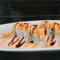 Fire Bomber Roll (Extremely Spicy) · Shrimp tempura, avocado  inside, spicy crab on top with eel sauce, spicy mayo and house spec...