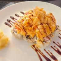 Volcano Roll · Crab meat, Avocado, Cucumber w/ Baked seafood mix, Masago w/dynamite sauce