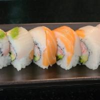 Rainbow Roll · Crab meat, Avocado, Cucumber w/ Slice of fishes and Avocado