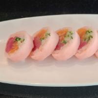 Pink Lady Roll (6Pcs) · Tuna, salmon, cucumber with soy paper