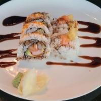 French Kiss Roll (6Pcs) · Shrimp tempura, Smoked salmon, Kani, Avocado w/ Masago, Eel sauce