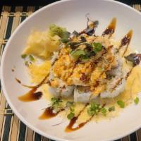 Crunch Chef Roll · Crab meat, cucumber, avocado inside. Chopped lobster tempura, shrimp tempura, masago mixed w...