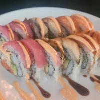 Sumo Roll (10Pcs) · Lump crab, Spicy tuna, Avocado, Cucumber, w/tuna, Salmon, Eel, Spicy mayo