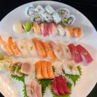 Pacific Rim Combo For 2 · 15pcs sashimi, 10pcs Nigiri and California Roll & Rainbow Roll