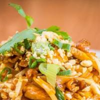 Pad Thai · Stir-fried thin rice noodle, egg, bean sprout, scallion, and crush peanuts with sweet tamari...
