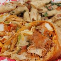 Buffalo Chicken Wrap · Fried fresh chicken chopped up tossed in medium wing sauce and wrapped with ranch, lettuce, ...