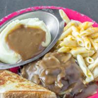 Chopped Steak · Ground chuck, grilled Med-Well and topped with grilled onions, mushrooms, and brown gravy. S...