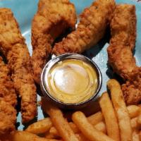 Signature Chicken Tenders · Hand-breaded fresh tenders served with honey mustard. Choice of side.