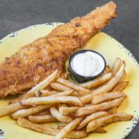 Dad’S Fish And Chips · A UK tradition. A ton of fried haddock, fries, and tartar sauce.