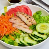 Chicken Salad · Chicken salad (white meat, mayonnaise, celery, onion), spring mix lettuce, tomatoes, julienn...
