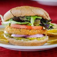 Quinoa Crunch Burger · Whole wheat kaiser bun or wrap, organic spring mix, tomatoes, pickles, onions, vegan mayonna...