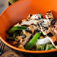 Thai Chicken Salad · Thinly sliced grilled chicken, Mandarin Sesame dressing, sesame seeds,, purple cabbage, fiel...