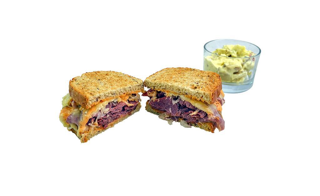 Y. Style Great Reuben · Raikes farms corned beef, melted swiss, 1,000 Island dressing and sauerkraut. 910 cal.