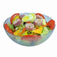 Chef Salad · Garden salad topped with premium ham, antibiotic-free turkey breast and hard-boiled egg.