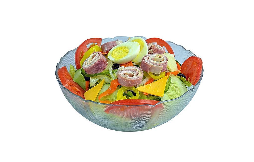 Chef Salad · Garden salad topped with premium ham, antibiotic-free turkey breast and hard-boiled egg.