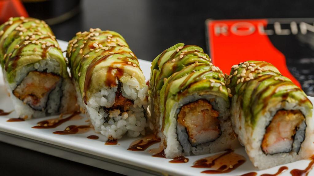 Good Times Roll · Make it last. Shrimp tempura, crab stick and spicy mayo inside, avocado outside, topped with sweet chili, eel sauce and sesame seeds.