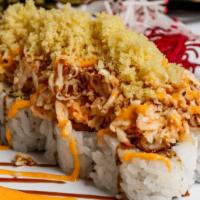 Pyro Roll · Tongues will wag. Shrimp tempura inside, topped with shredded baked crab stick, spicy mayo, ...