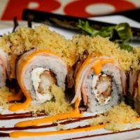 Metalhead Roll · Enter delicious. Shrimp tempura and cream cheese inside, crab stick outside, topped with spi...