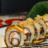 Axl Roll · Shrimp tempura, salmon and cream cheese inside, fully fried, topped with spicy mayo, eel sau...