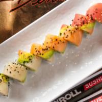Rainbow Roll · California roll topped with red tuna, fresh salmon, yellowtail, avocado, and sprinkled with ...