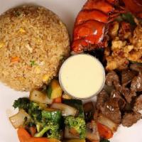 Lobster & Filet Mignon Hibachi · Served with fried rice and vegetables.