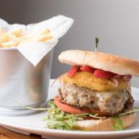 Tropical Jelly Burger · 100% Beef with caramelized onions and pineapple, sauteed mushrooms, red pepper, arugula and ...