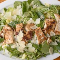 Grilled Chicken Salad · A bed of romaine lettuce topped with tomatoes, red onion and mozzarella   cheese, and grille...