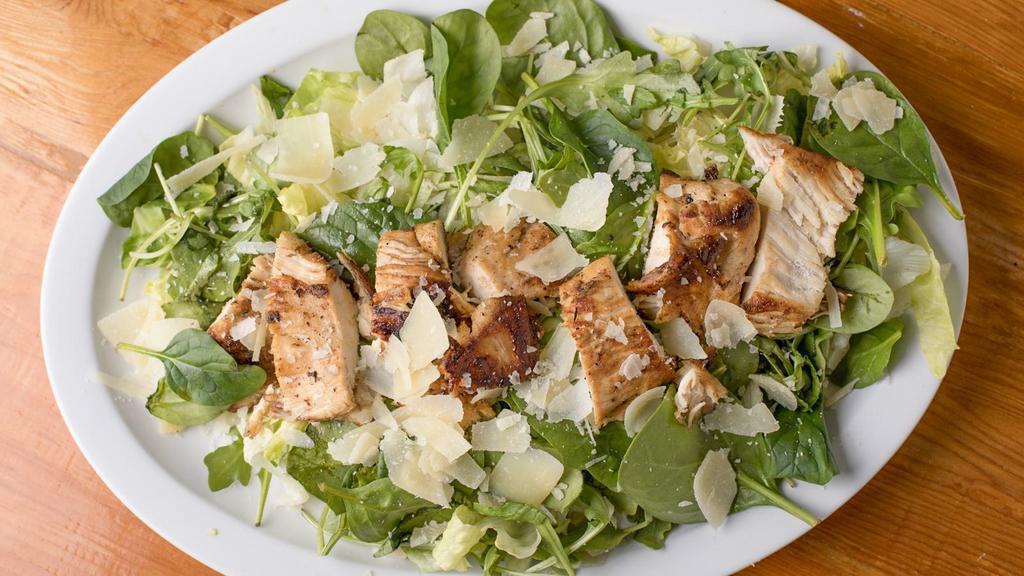 Grilled Chicken Salad · A bed of romaine lettuce topped with tomatoes, red onion and mozzarella   cheese, and grilled chicken.