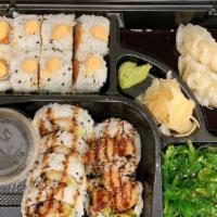 Sushi Bento Box · Choose Any Two Roll W. 2PCS Dumpling , Seaweed Salad & Miso Soup