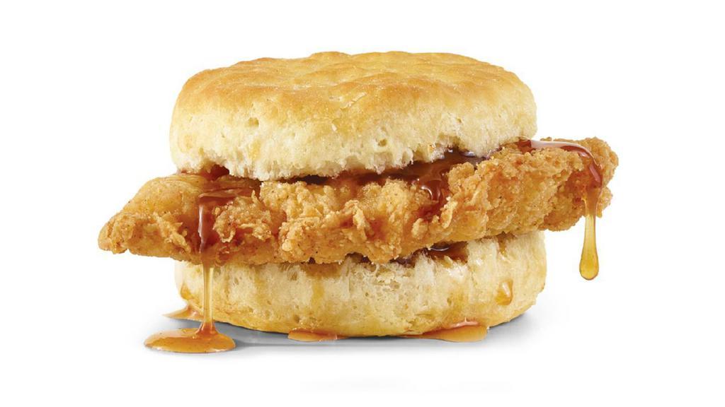 Hot Honey Biscuit · A crispy, chicken fillet, perfectly seasoned and dripping with habanero hot honey on a fluffy buttermilk biscuit. It’ll kick you awake, then kiss you good morning.