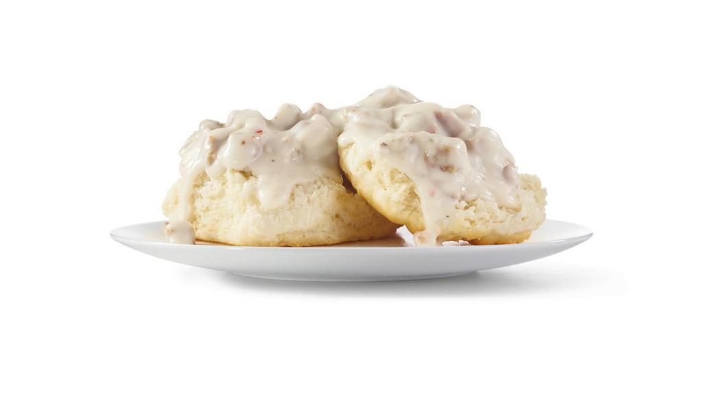 Sausage Gravy & Biscuit · A fluffy buttermilk biscuit smothered in white pepper gravy and grilled breakfast sausage. It’s what southern hospitality tastes like.