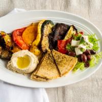 Vegetable Platter · Spiced corn, charred zucchini, marinated tomatoes, cippolini onions, beet hummus, and grille...