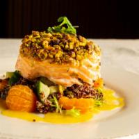 Pistachio Crusted Salmon · with Roasted Potatoes, Miso Glazed Carrots, Avocado, Citrus Butter Sauce
