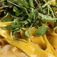 Grand Marnier Pasta · Shrimp, Scallop, Spinach Fettuccine, Goat Cheese, Portobello, & Fresh Parmesan
